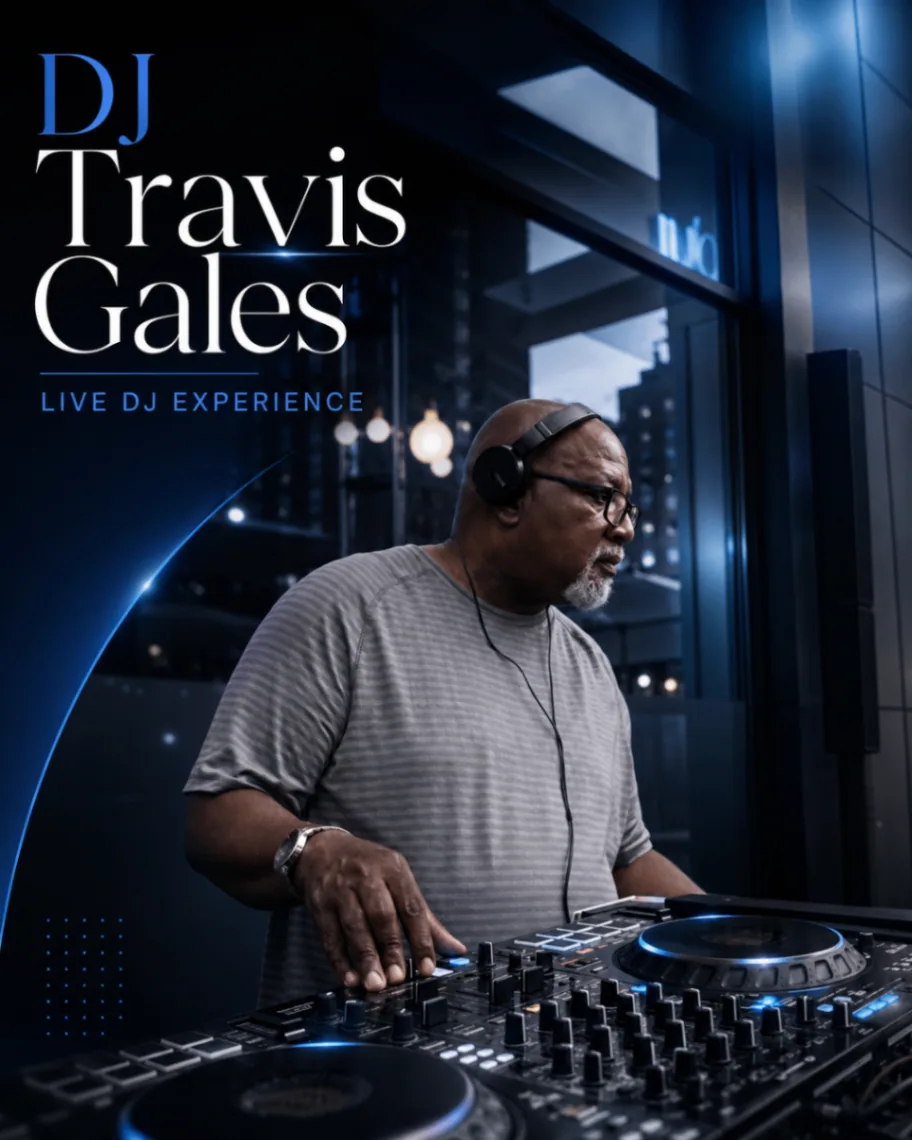 DJ Travis Gales at a live DJ setup, wearing headphones and performing behind a professional mixer