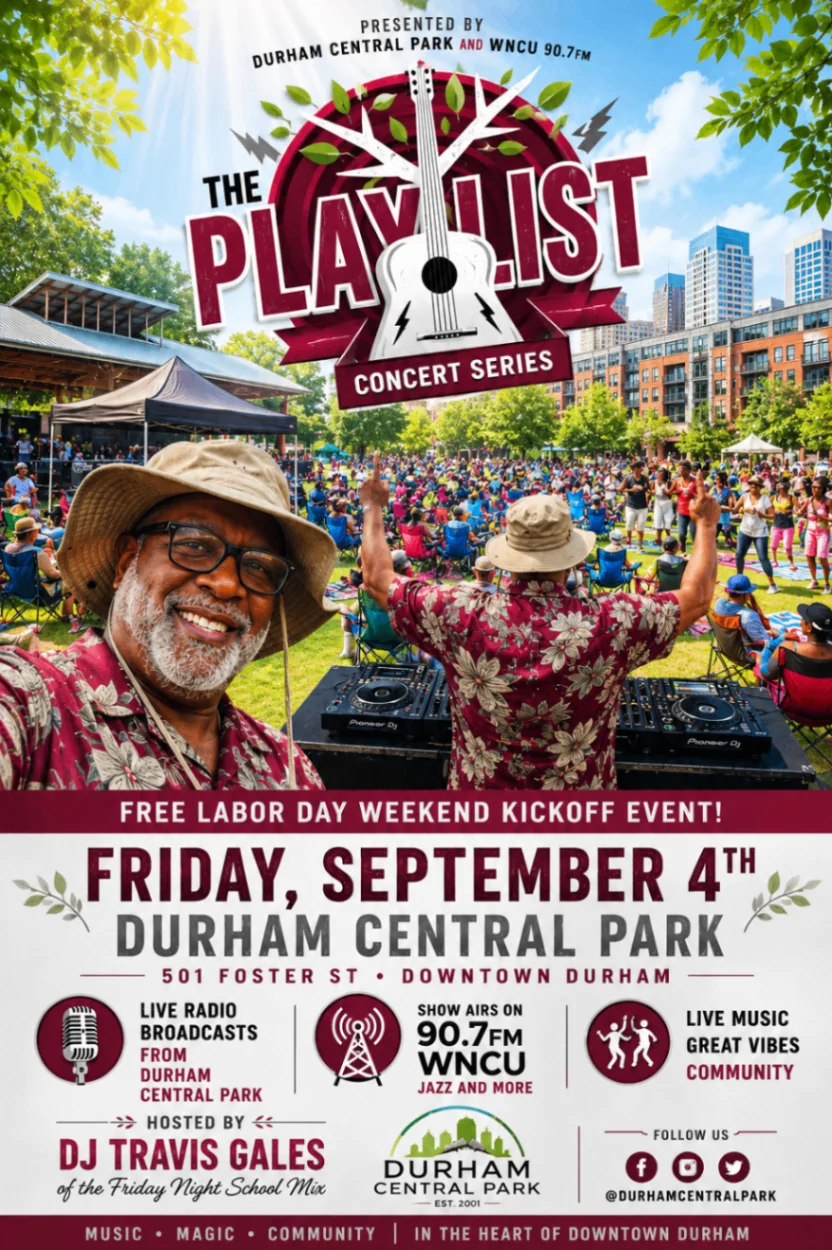 The Playlist Concert Series community event at Durham Central Park, with DJ Travis Gales performing for a crowd