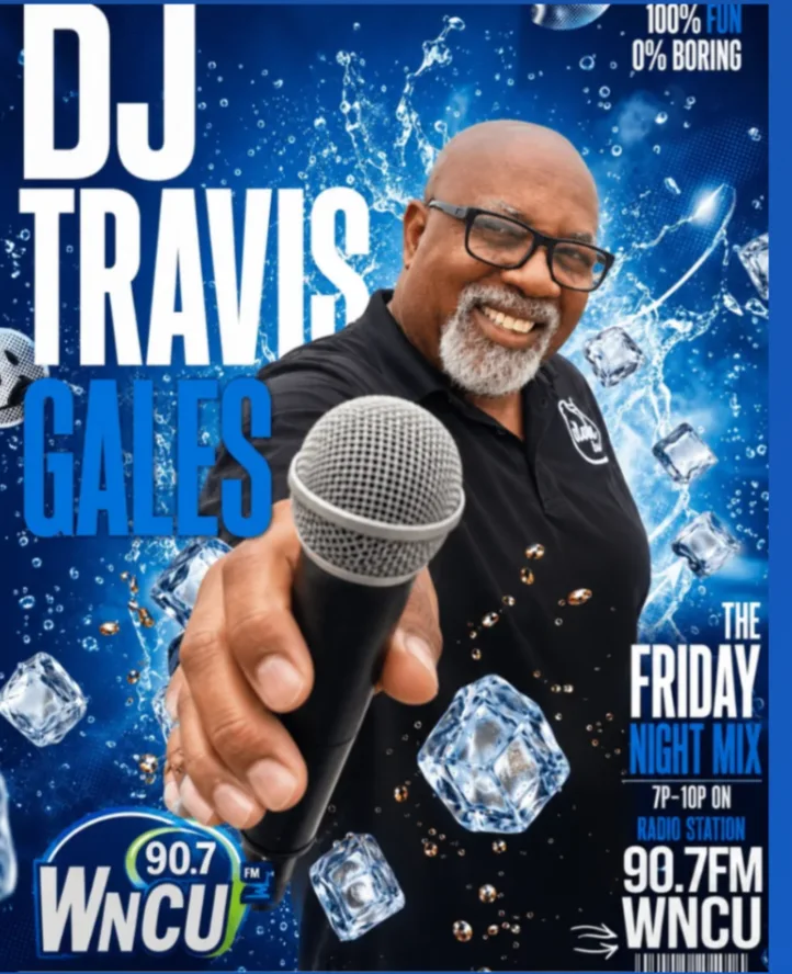 DJ Travis Gales presenting his WNCU 90.7 FM radio host experience with a microphone and broadcast artwork
